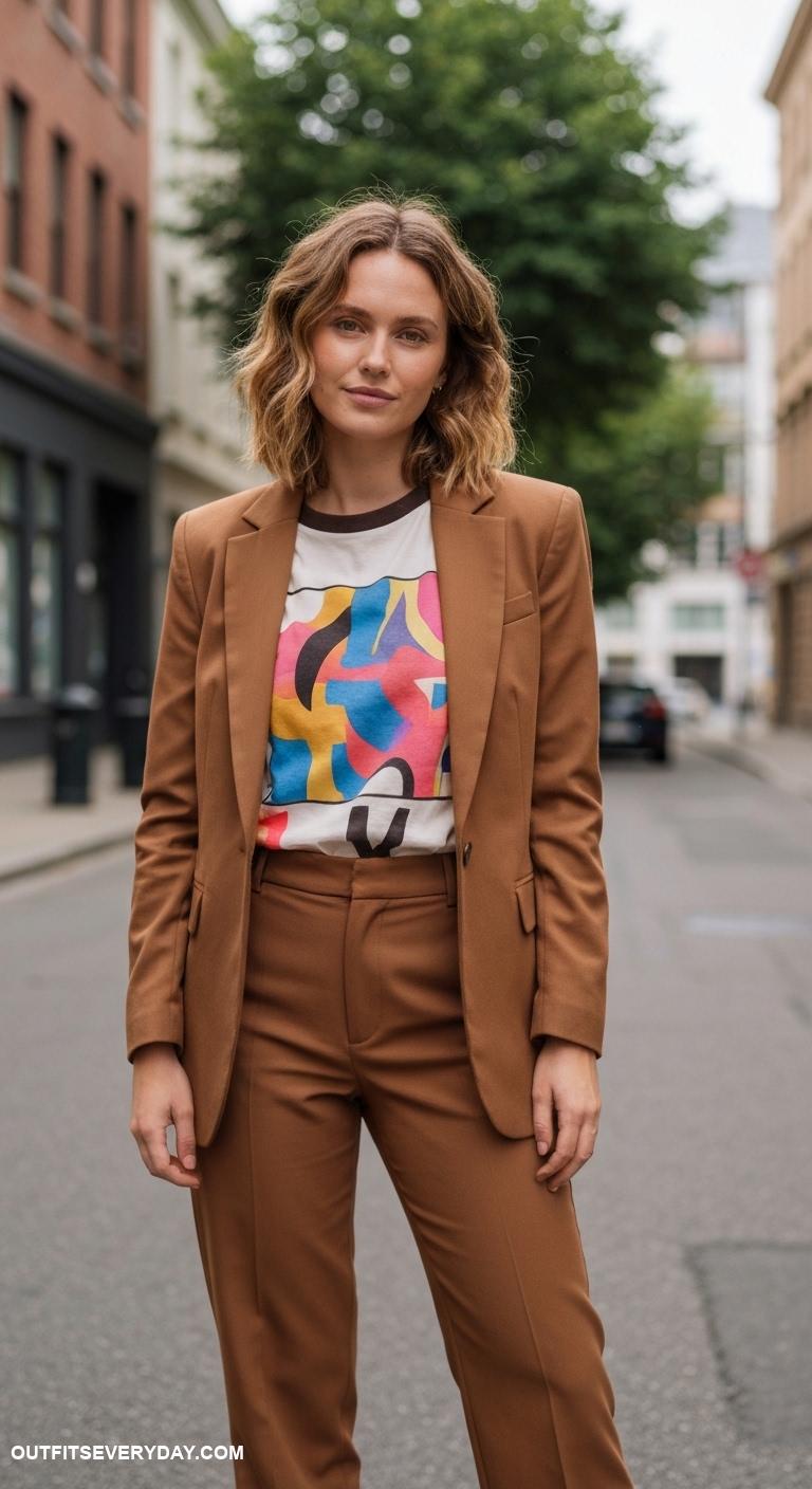 brown blazer outfits for women Wear brown blazer with a graphic tee and tailored trousers