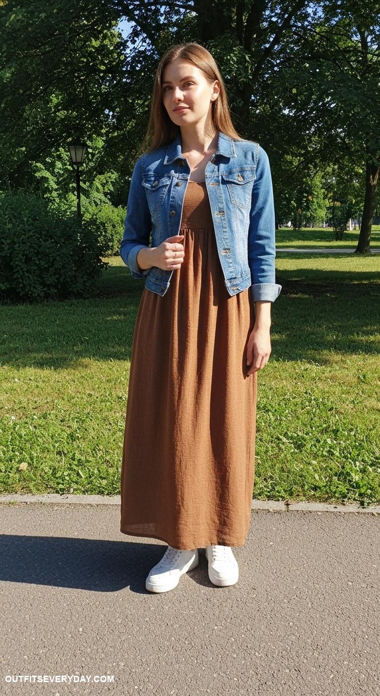 brown dress outfit Layer a brown maxi dress with a denim jacket and white sneakers