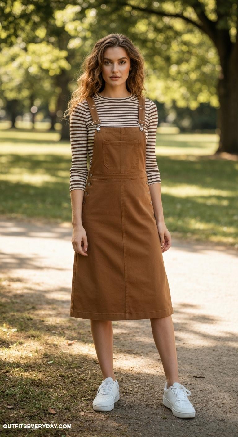 brown dress outfit Layer a brown pinafore dress over a striped shirt and white sneakers