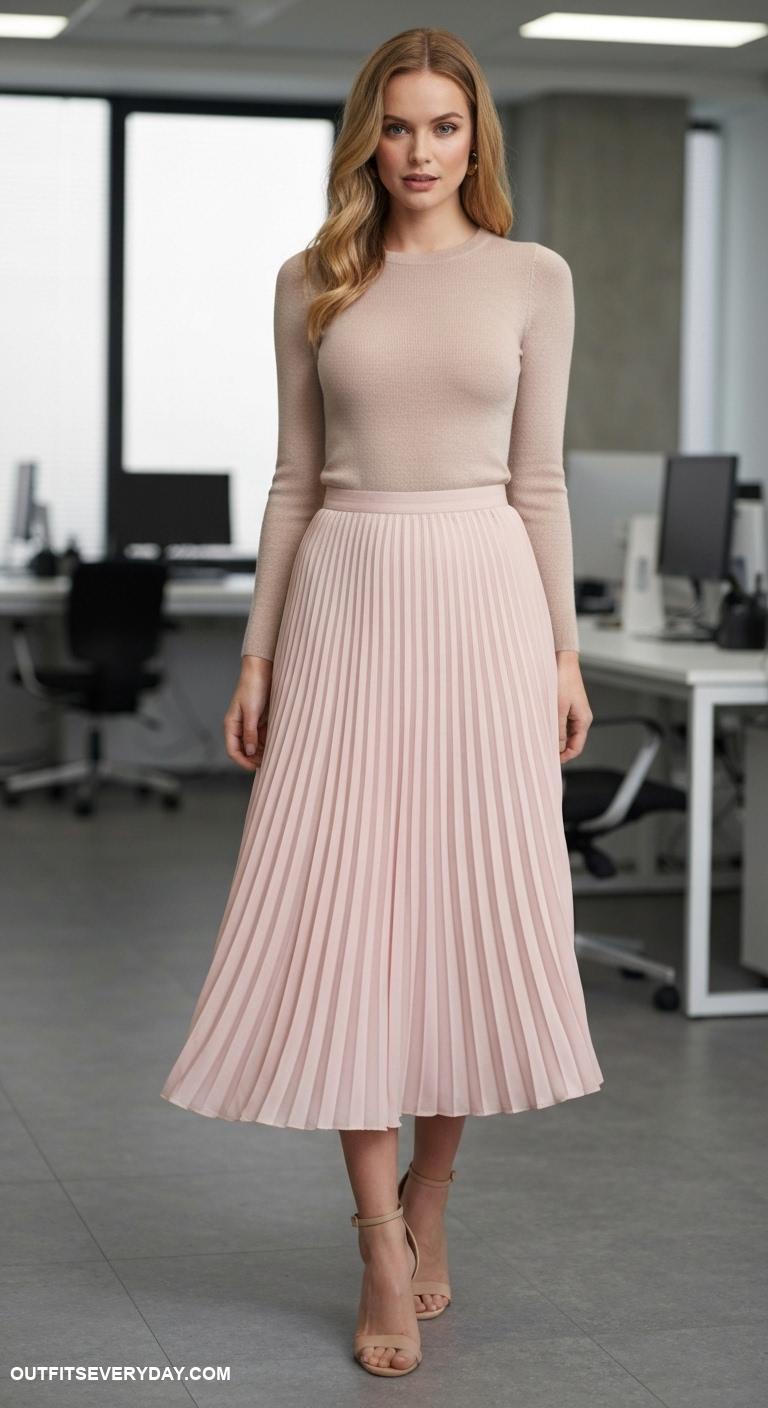 business casual outfits Fitted merino wool sweater with a pleated midi skirt and ankle strap heels