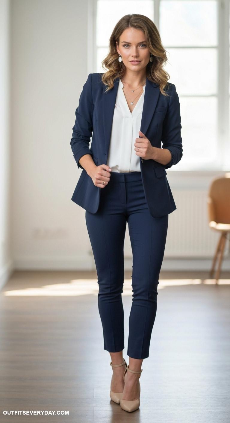 business casual outfits Navy blazer with white blouse and tailored ankle pants
