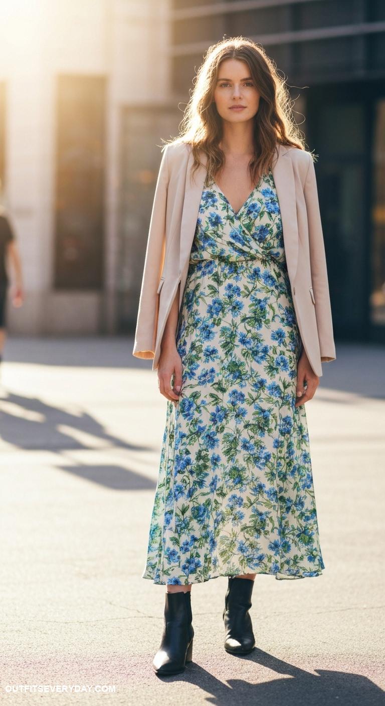 business casual outfits Printed maxi dress paired with a lightweight blazer and ankle boots
