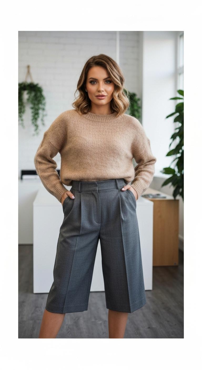 business casual outfits Soft knit sweater tucked into high waisted culottes