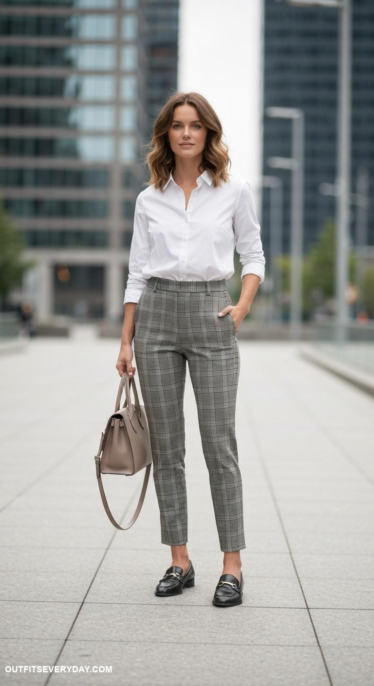 business casual outfits Stylish plaid trousers with a crisp button up shirt and loafers