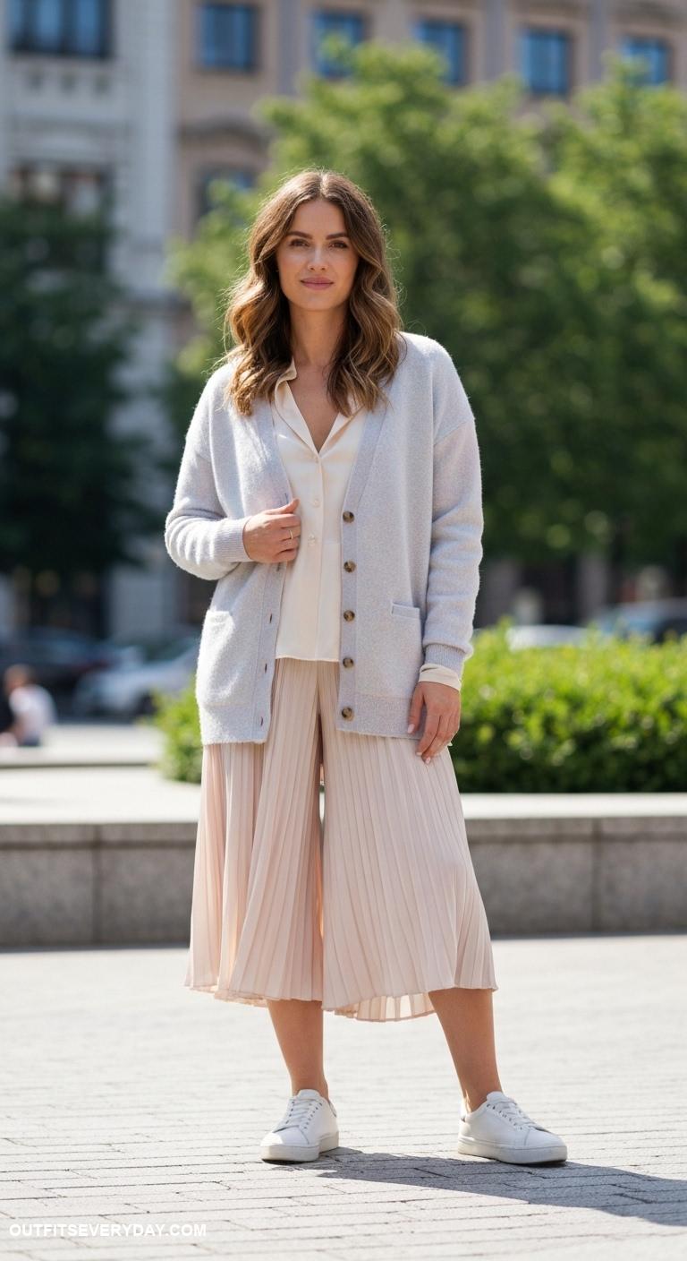button up cardigan outfit Dress up a cardigan with a silk blouse and pleated culottes