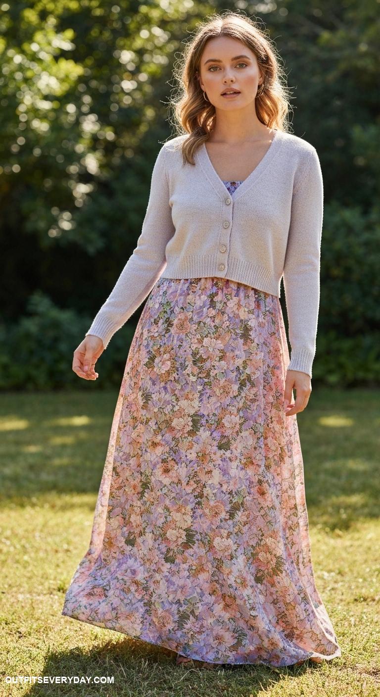 button up cardigan outfit Layer a cropped cardigan over a floral maxi dress for boho vibes