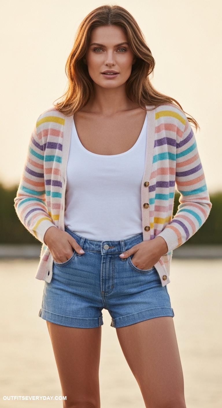 button up cardigan outfit Opt for a striped cardigan with denim shorts and a basic tee
