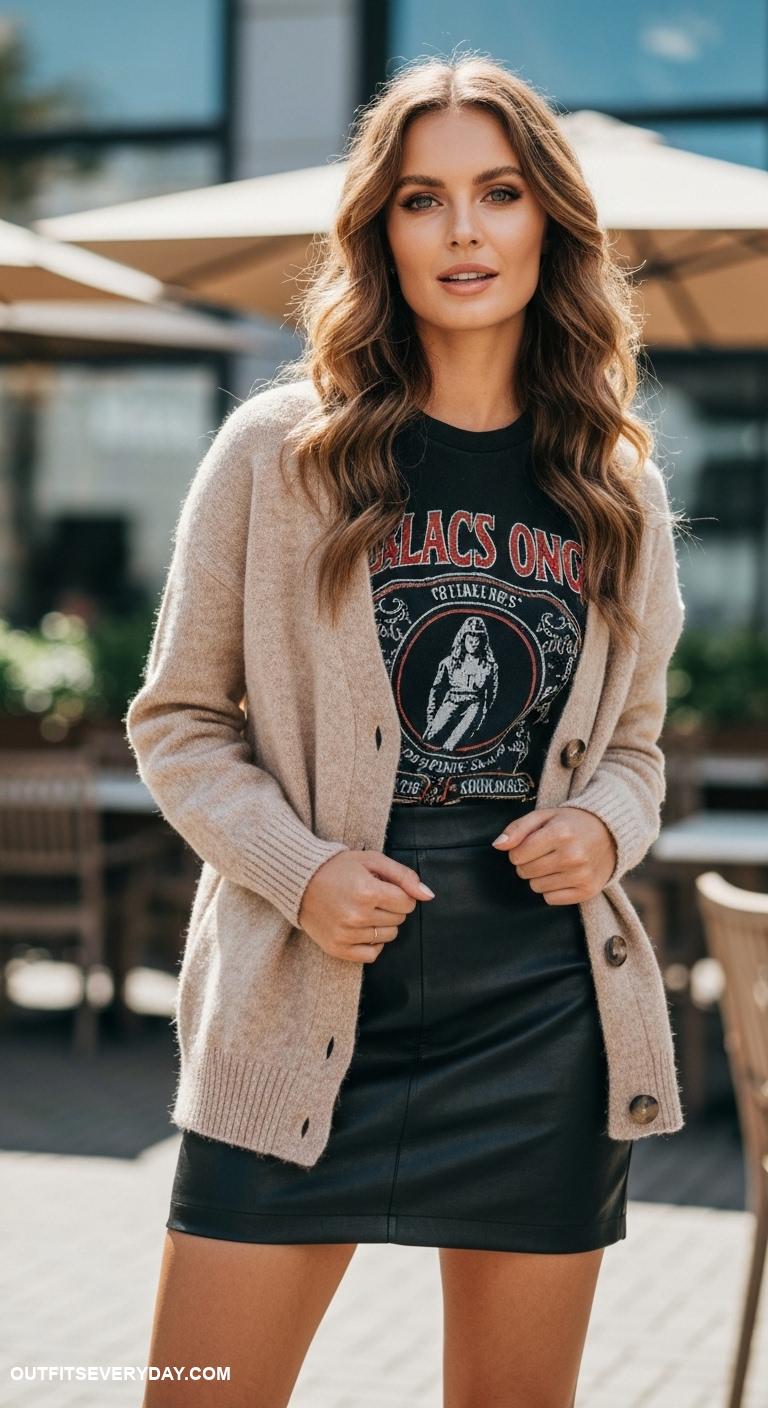 button up cardigan outfit Use a cardigan as a wrap over a leather mini skirt and graphic tee