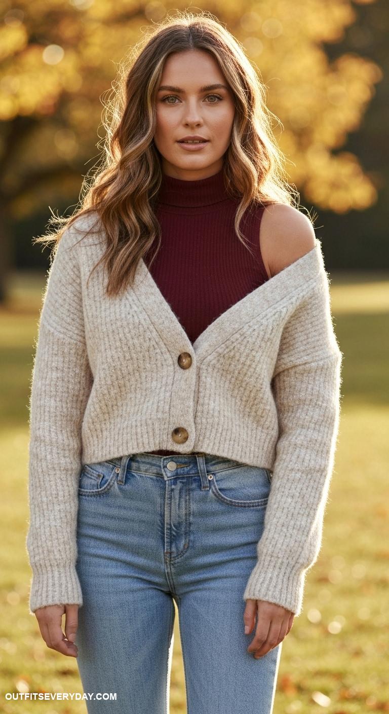 button up cardigan outfit Wear an oversized cardigan over a fitted turtleneck and high waisted jeans