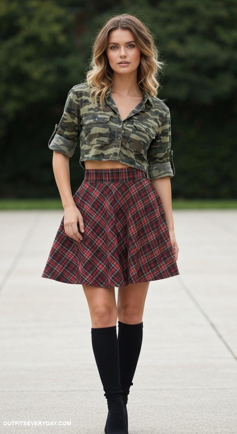camo shirt outfit Combine a camo shirt with a plaid skirt and knee high socks