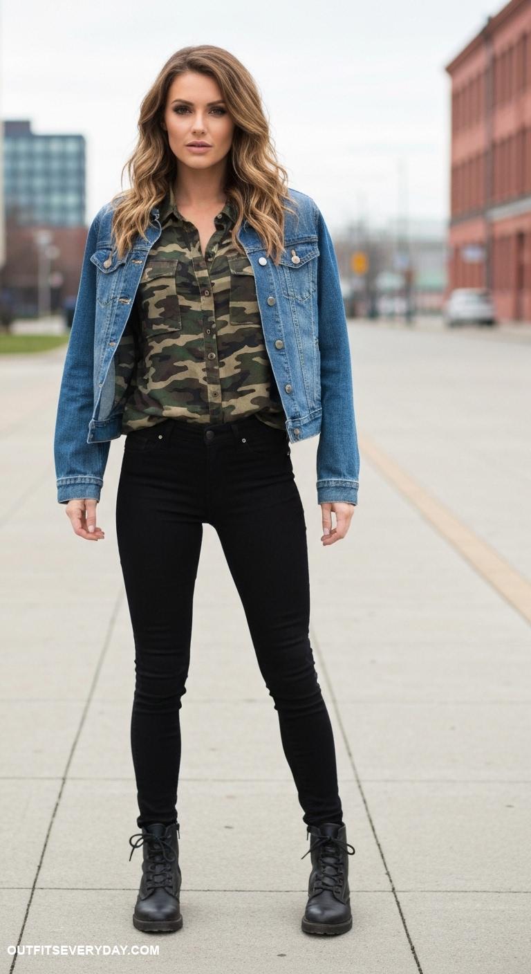 camo shirt outfit Layer a camo shirt under a denim jacket and team with combat boots