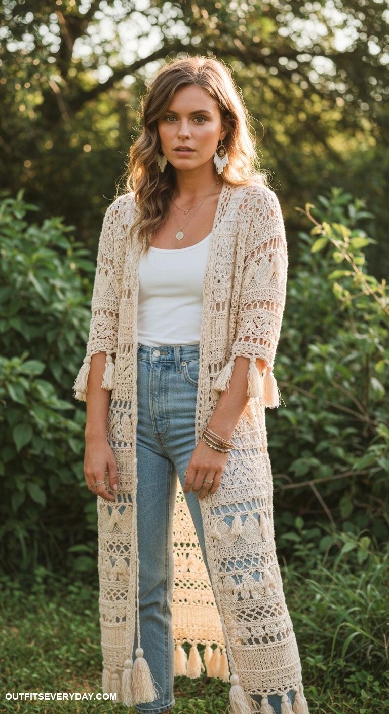 cardigan crochet Bohemian style long cardigan with tassel details for a playful touch