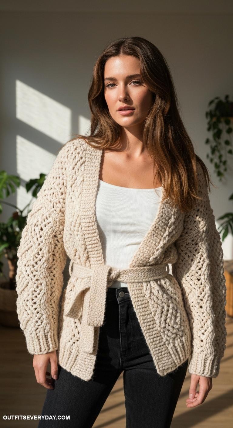 cardigan crochet Chunky knit cardigan with a belt for an hourglass shape
