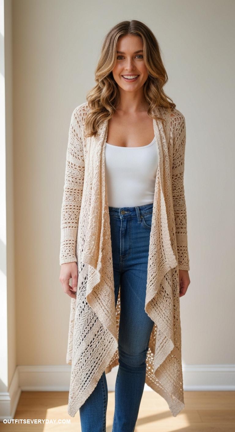 cardigan crochet Drape front cardigan with an asymmetrical hem for added drama