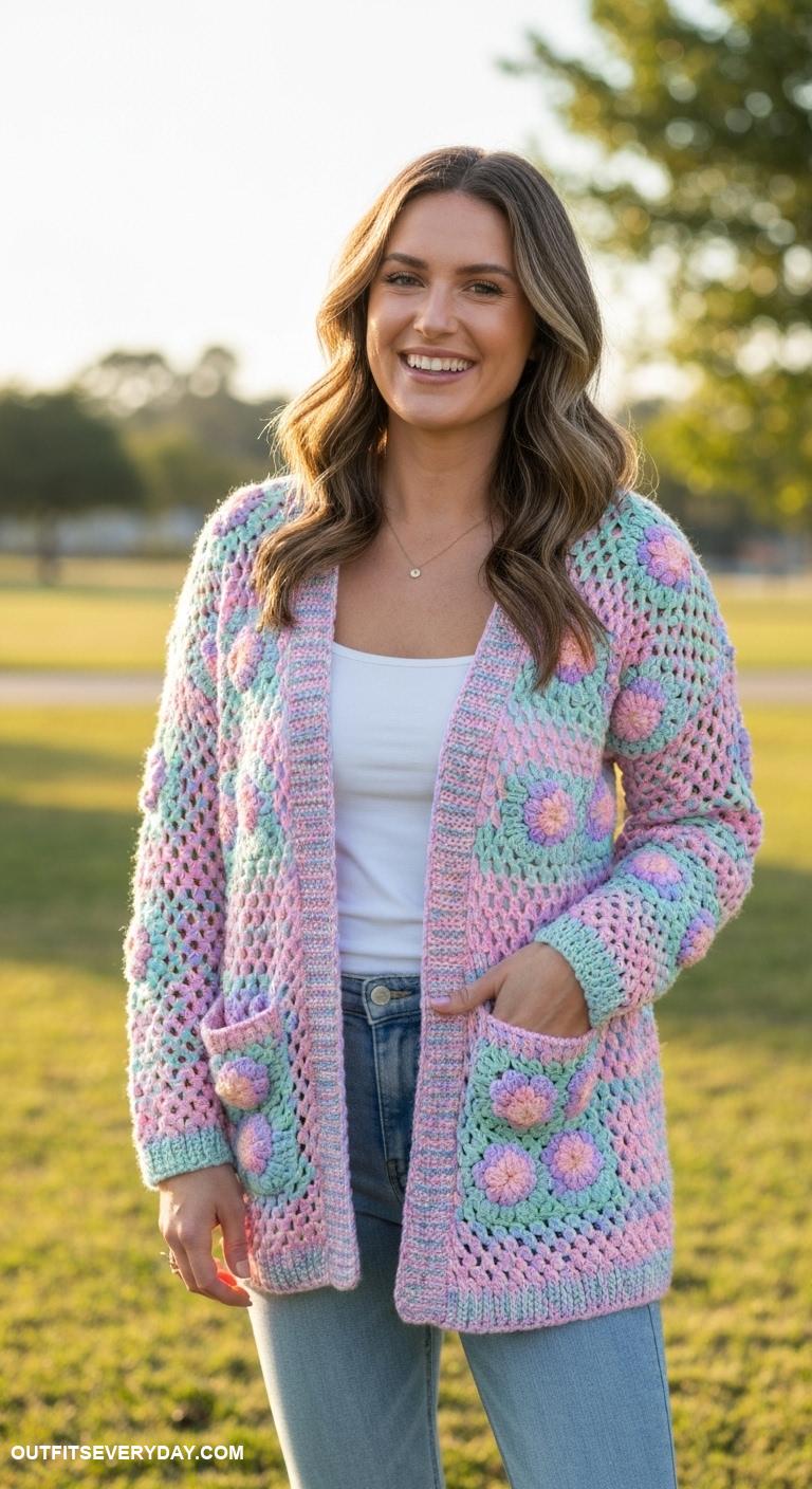 cardigan crochet Pastel colored cardigan featuring oversized pockets for a cozy look