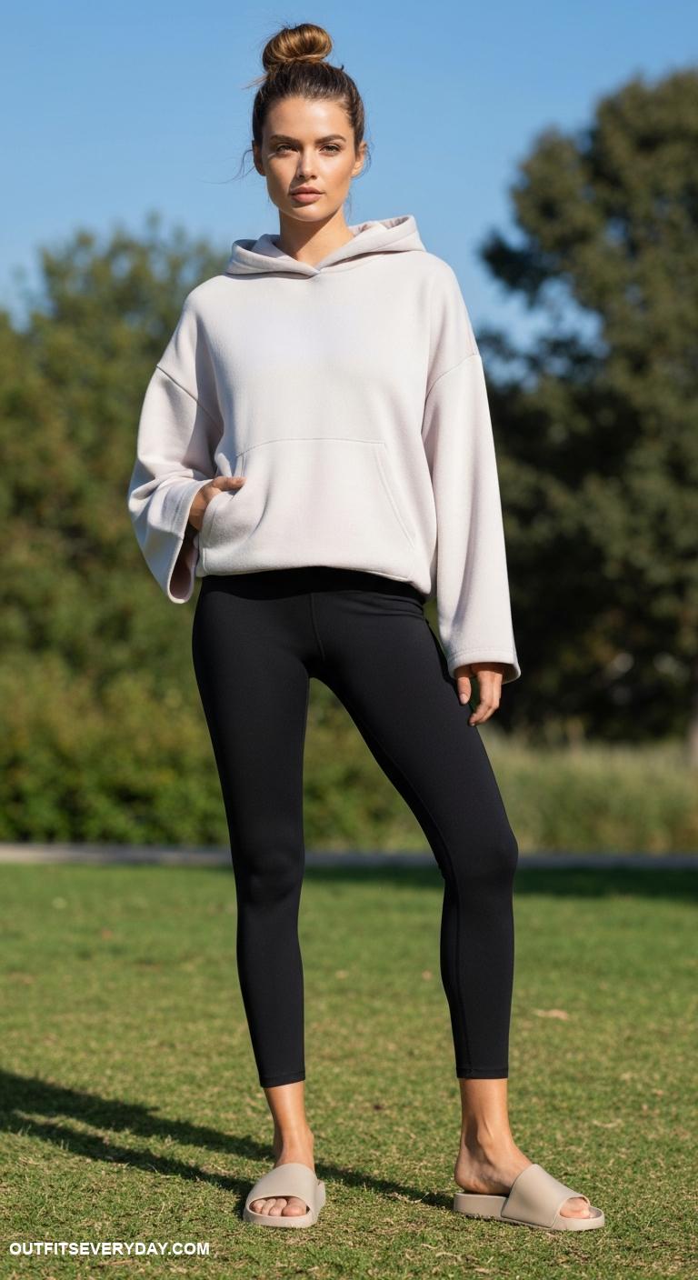 casual dress outfit Athleisure look with fitted leggings oversized hoodie and slip on slides