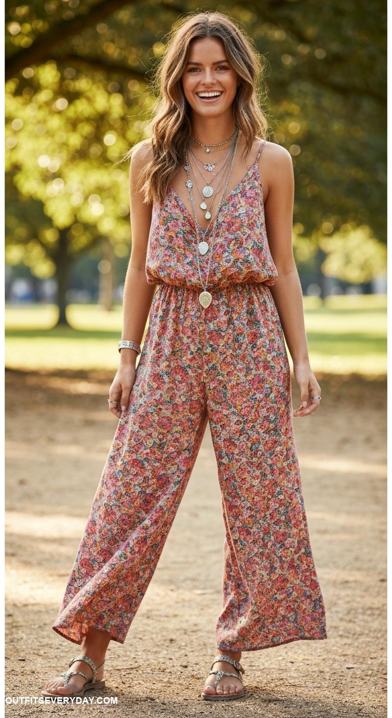 casual dress outfit Bohemian jumpsuit accessorized with layered necklaces and sandals