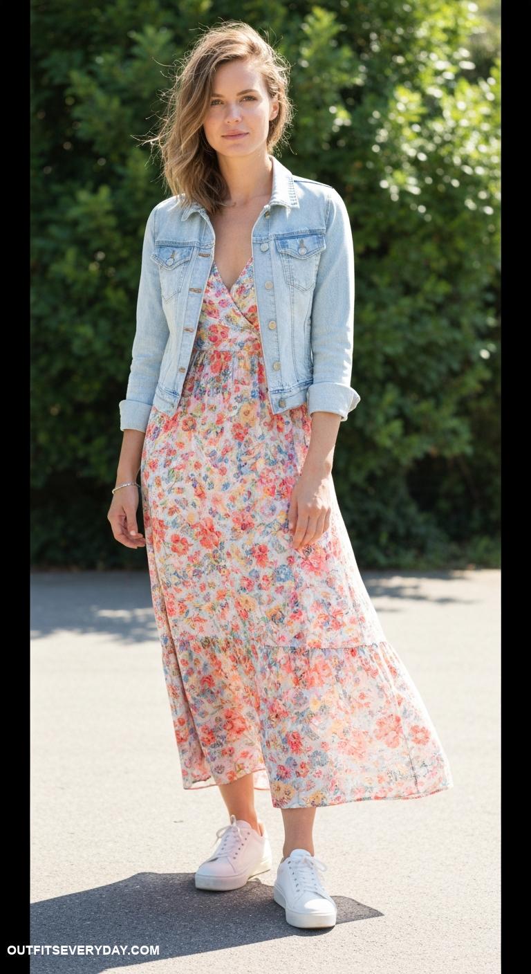 casual dress outfit Floral maxi dress paired with denim jacket and white sneakers