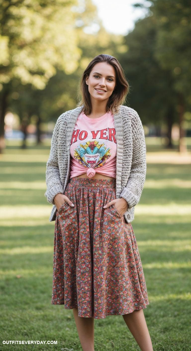 casual dress outfit Midi skirt with graphic tee and chunky cardigan layered on top