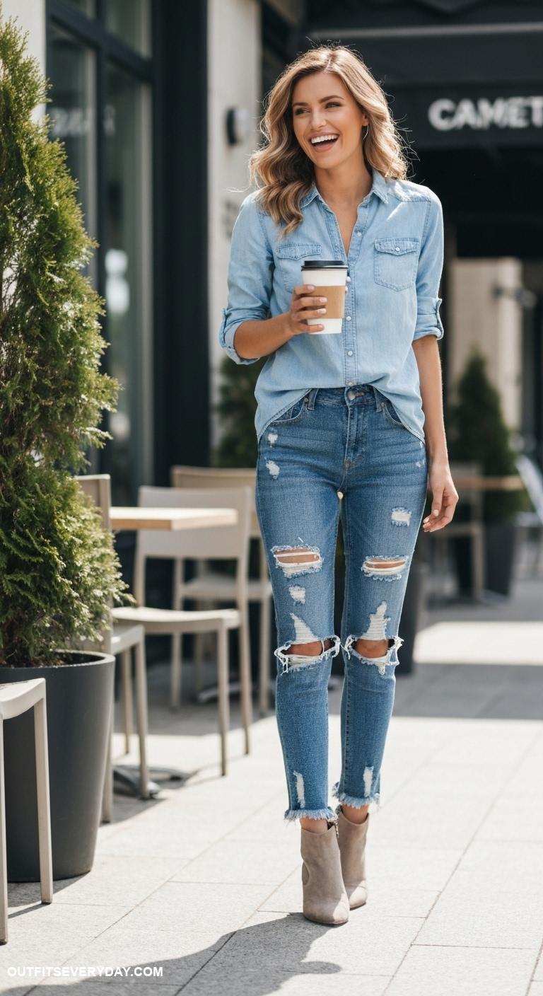 chambray shirt outfit Combine with distressed denim and ankle boots for a casual weekend look