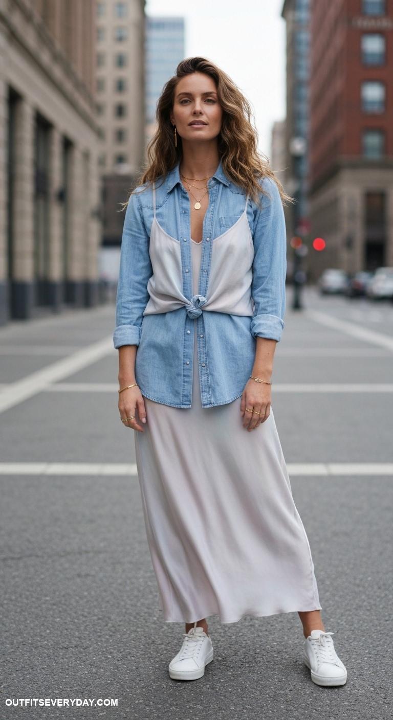 chambray shirt outfit Dress up with a chambray shirt under a slip dress and chunky knit