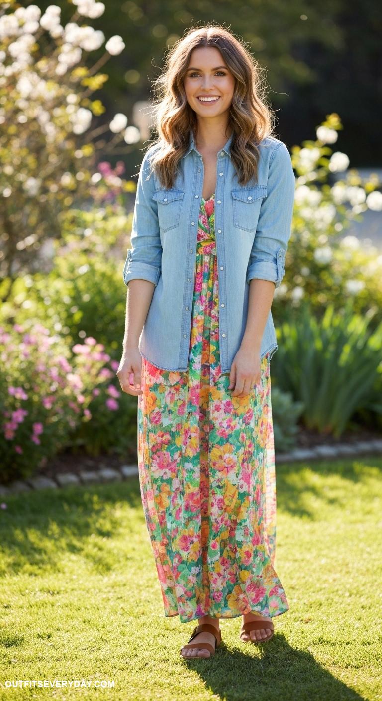 chambray shirt outfit Layer a chambray shirt over a floral maxi dress for a boho vibe