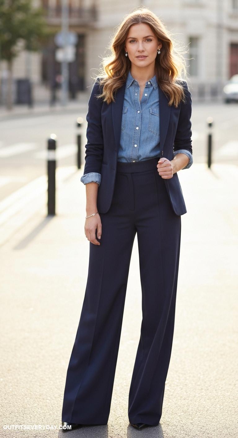 chambray shirt outfit Layer under a fitted blazer with wide leg pants for polished elegance