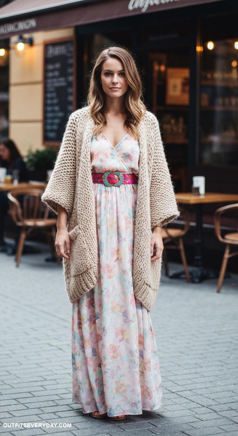 chunky cardigan outfit Accessorize a chunky cardigan with a statement belt over a maxi dress