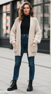 chunky cardigan outfit Dress down a sophisticated outfit with a cozy cardigan and combat boots