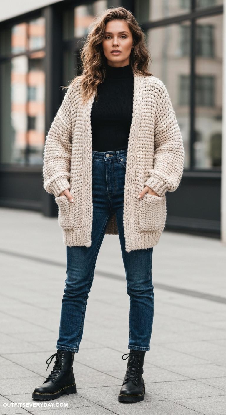 chunky cardigan outfit Dress down a sophisticated outfit with a cozy cardigan and combat boots