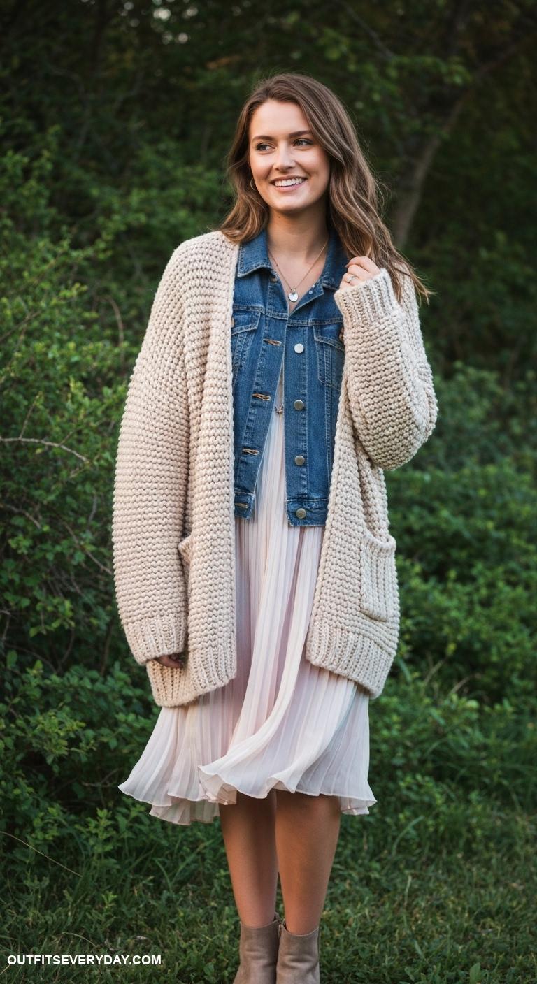 chunky cardigan outfit Layer a cardigan with a denim jacket and pleated dress for added texture