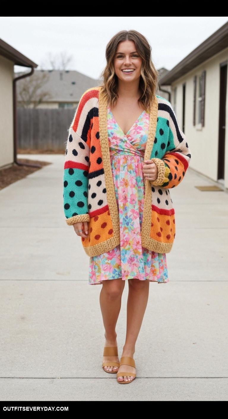 chunky cardigan outfit Mix prints by wearing a patterned cardigan over a floral dress for playful contrast
