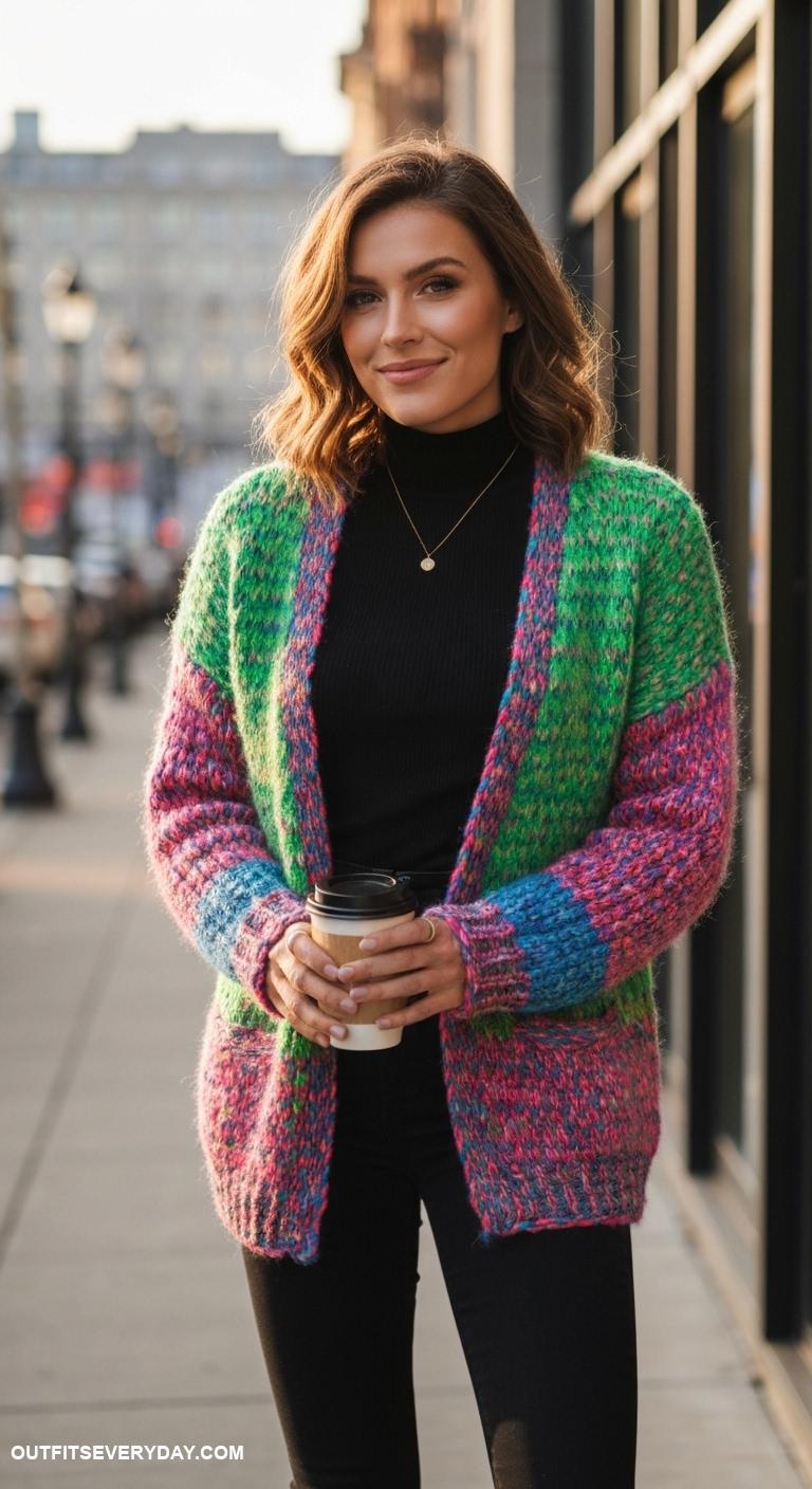 chunky cardigan outfit Opt for a colorful cardigan paired with a monochrome outfit for a pop of color