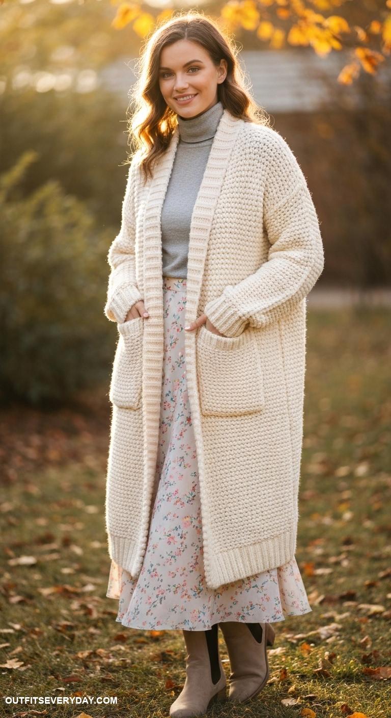 chunky cardigan outfit Wear a long cardigan over a fitted turtleneck and midi skirt for elegance
