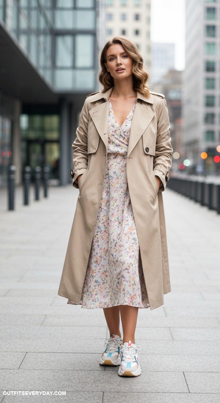 chunky sneakers outfit Layer under a trench coat with a midi dress for chic contrast