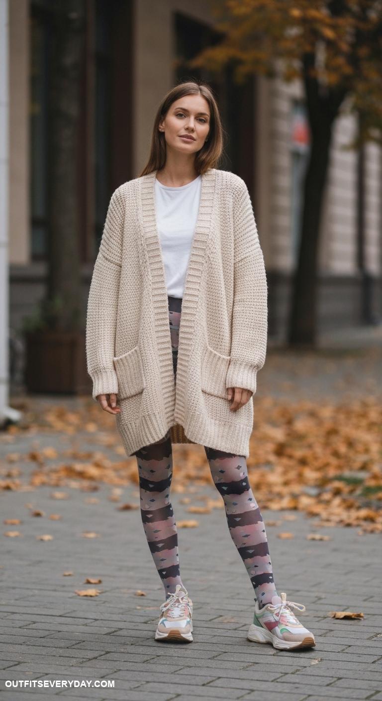 chunky sneakers outfit Style with patterned tights and an oversized cardigan for cozy warmth