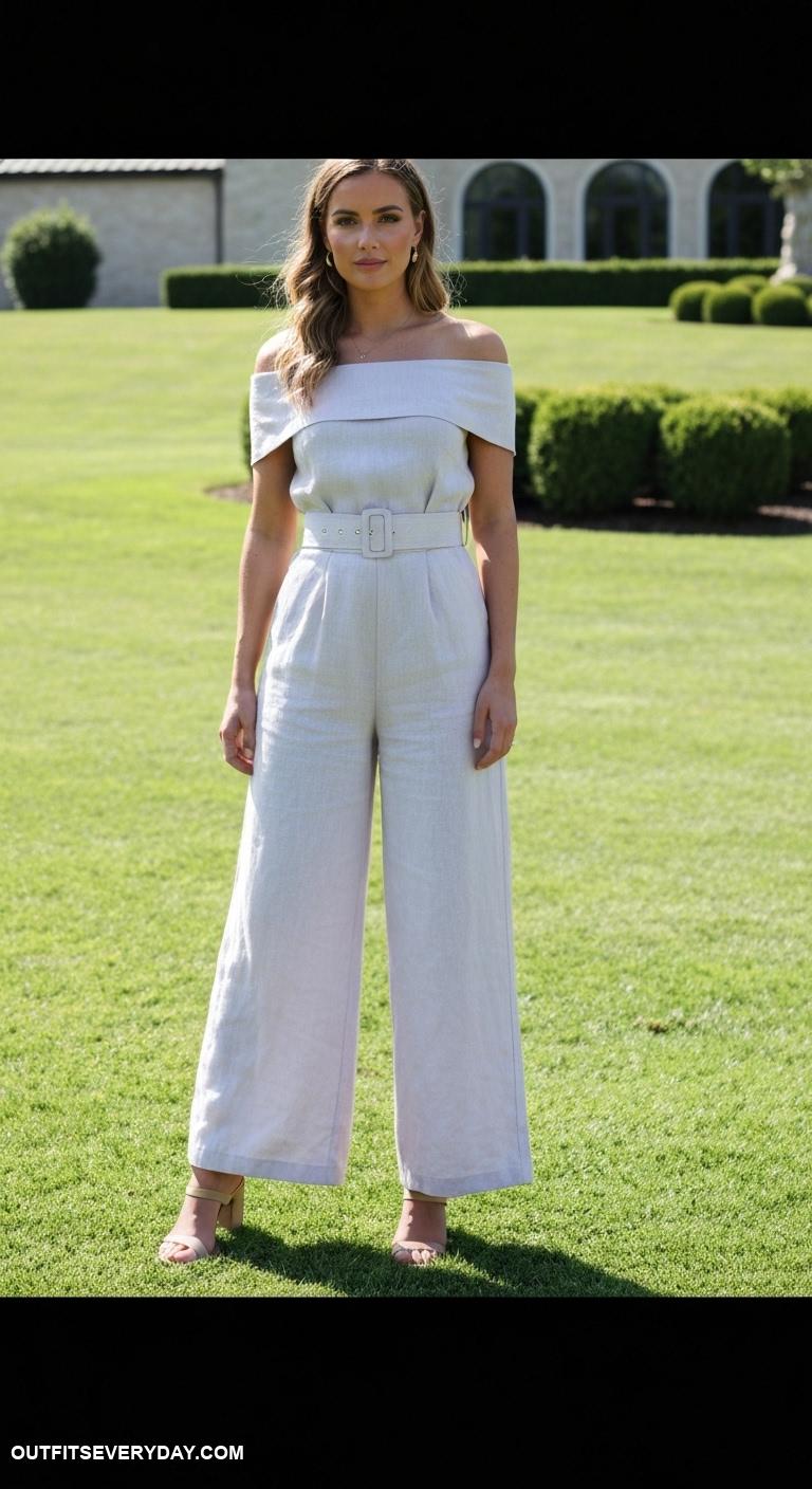 classy country club outfits Chic linen jumpsuit with a wide belt and heeled sandals