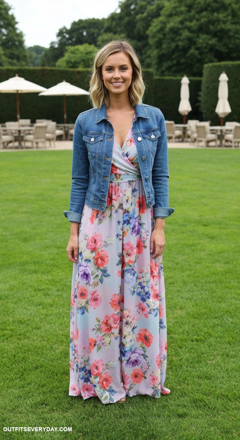 classy country club outfits Floral maxi dress layered under a fitted denim jacket