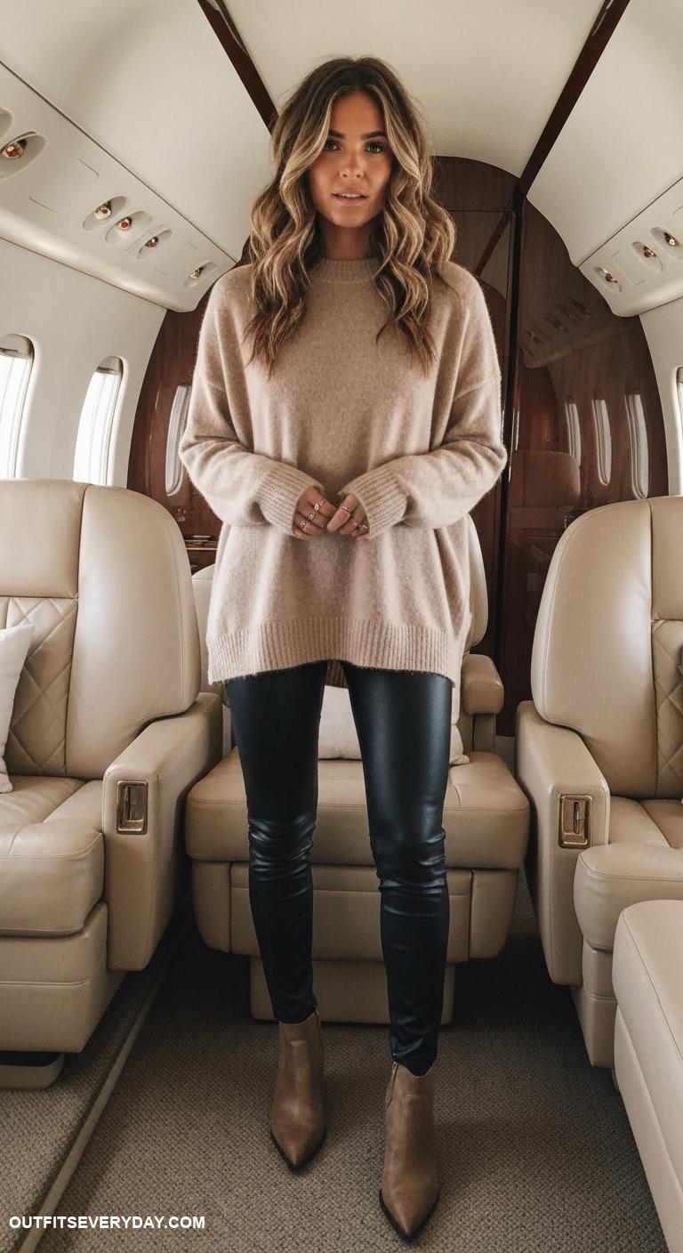 classy private jet outfits Chic oversized cashmere sweater with leather leggings and ankle boots