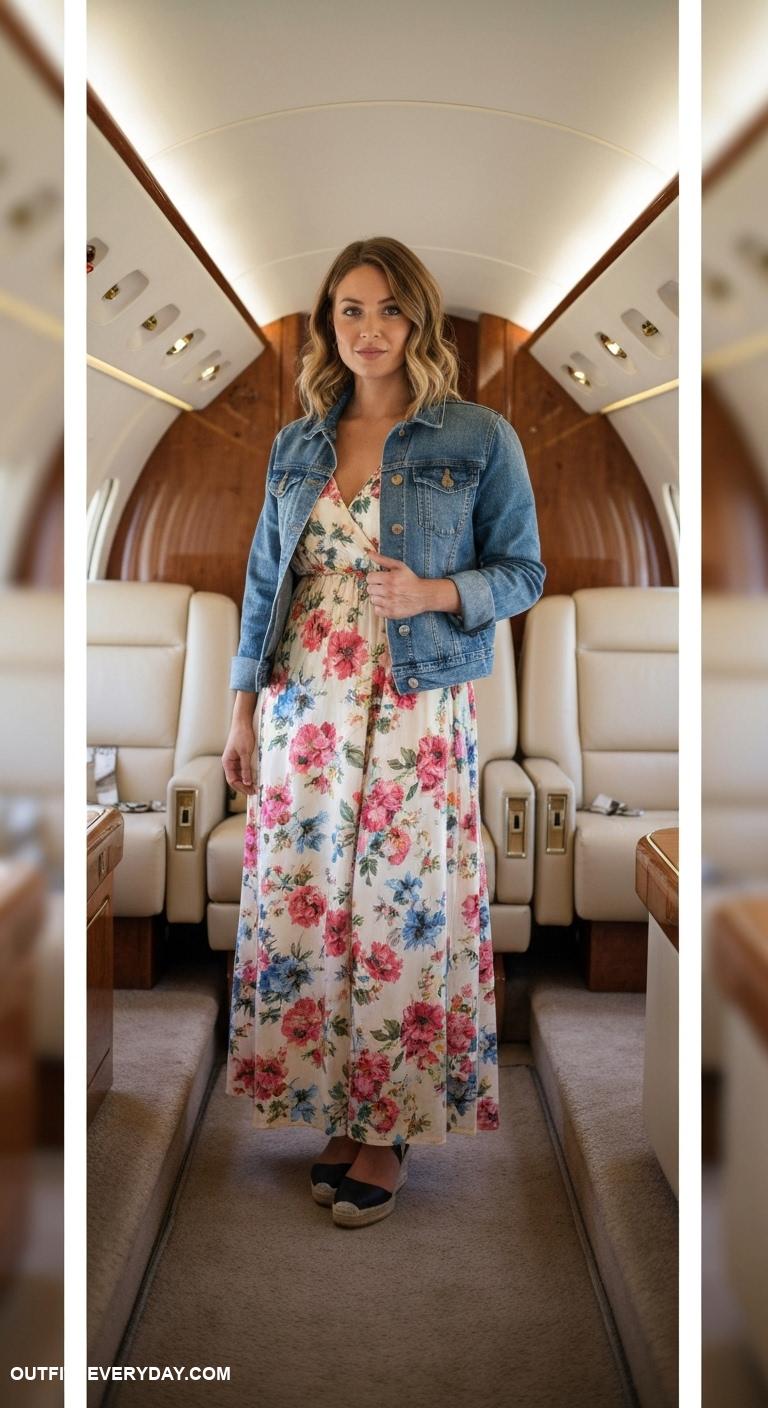 classy private jet outfits Floral maxi dress with denim jacket and comfortable espadrille wedges