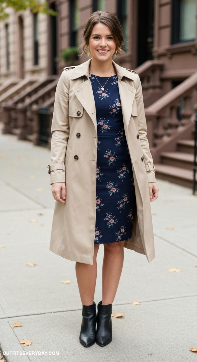 classy upper east side mom outfits Classic trench coat over a fitted dress and ankle boots