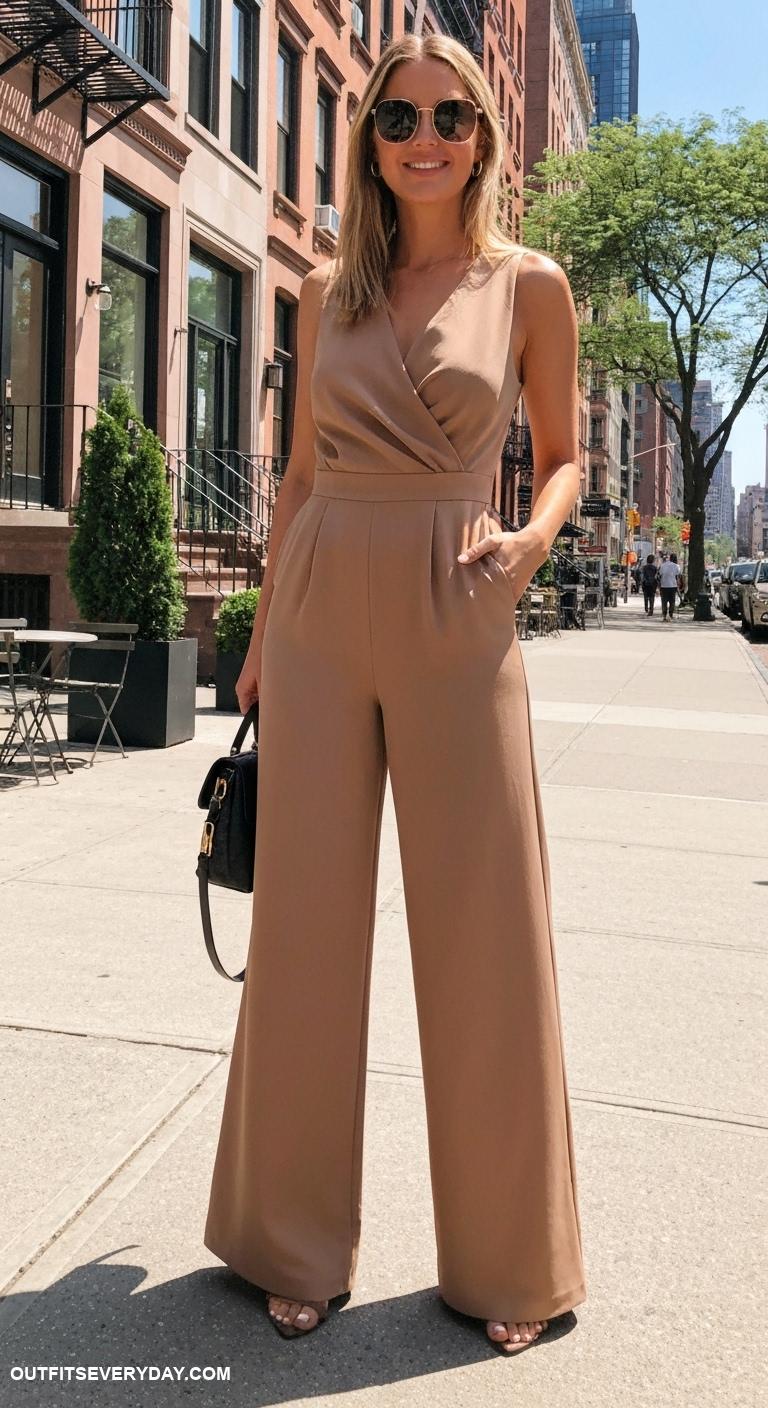 classy upper east side mom outfits Elegant jumpsuit with wide legs and oversized sunglasses