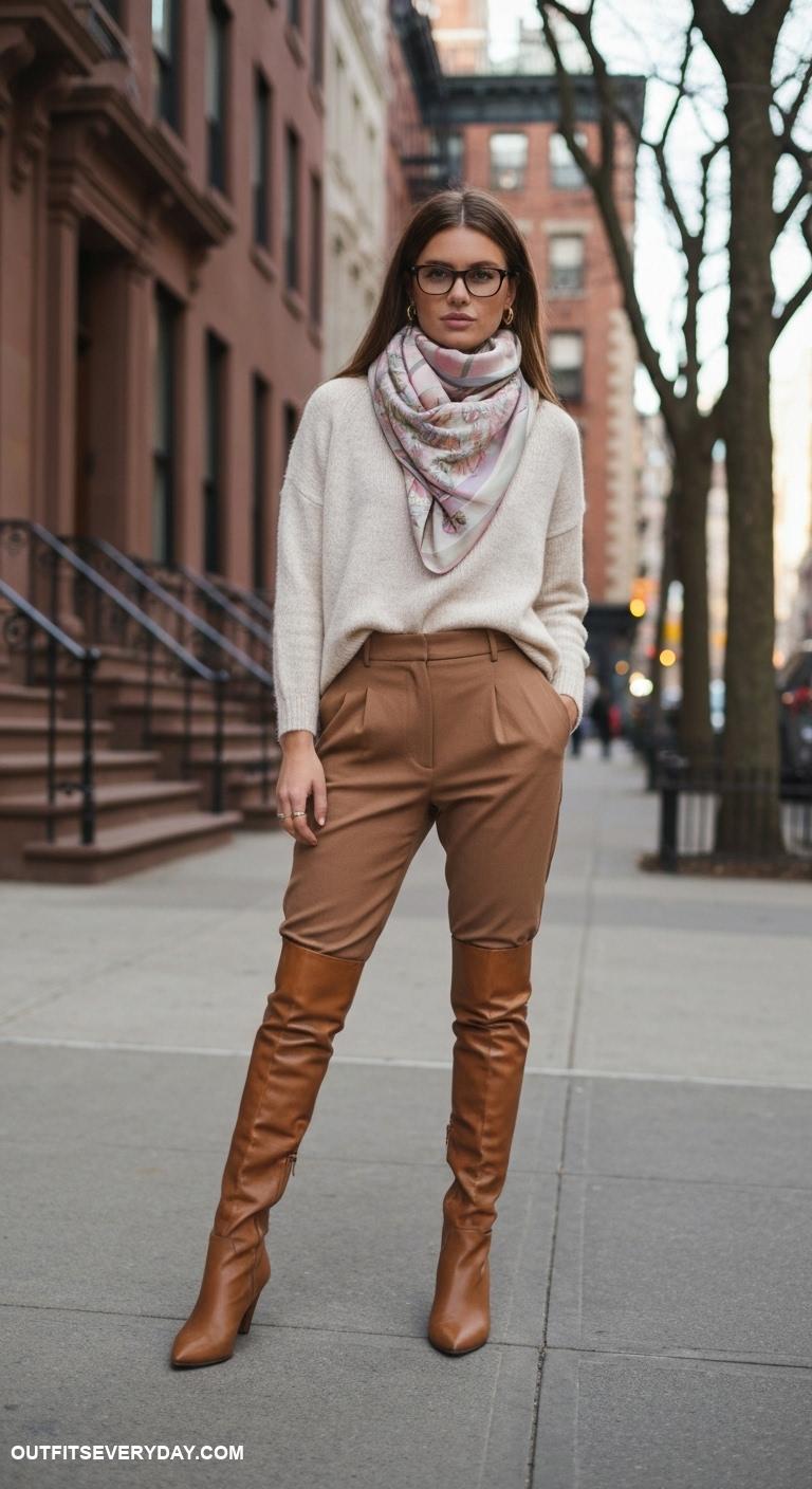 classy upper east side mom outfits Fashionable oversized sweater with a chic scarf and knee high boots