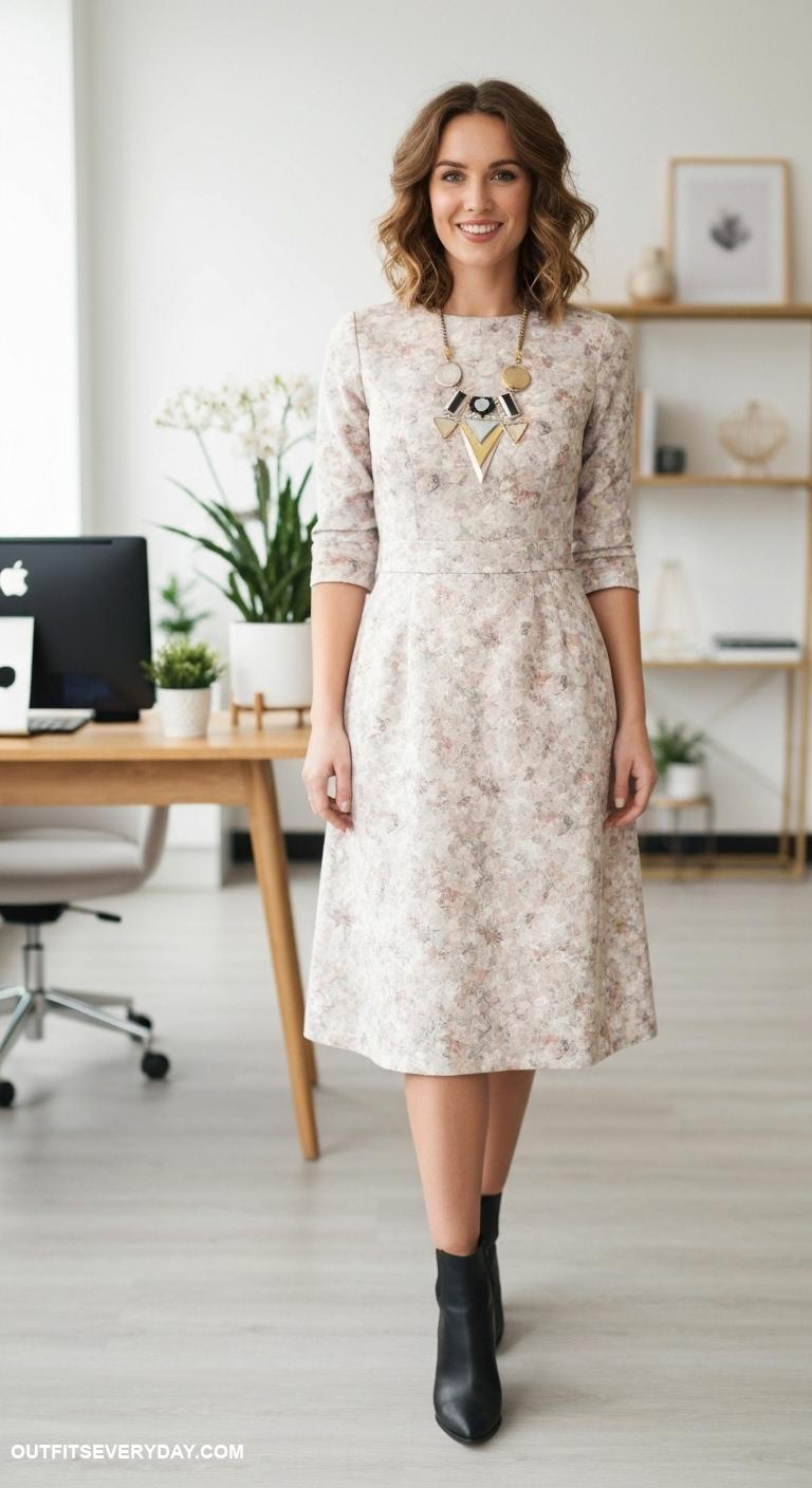classy work outfits A line midi dress paired with ankle boots and a statement necklace