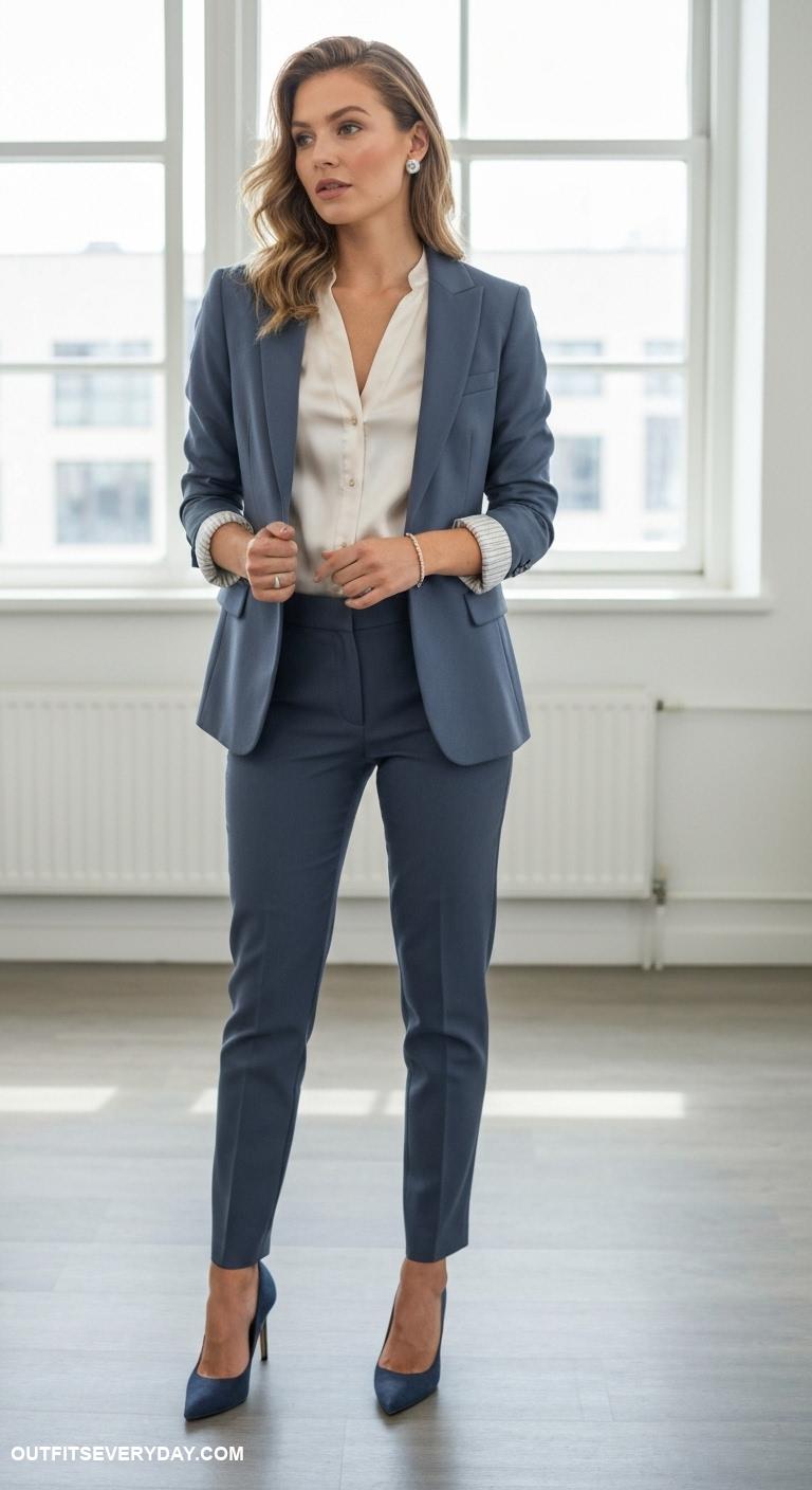 classy work outfits Tailored blazer over a silk blouse with tailored trousers