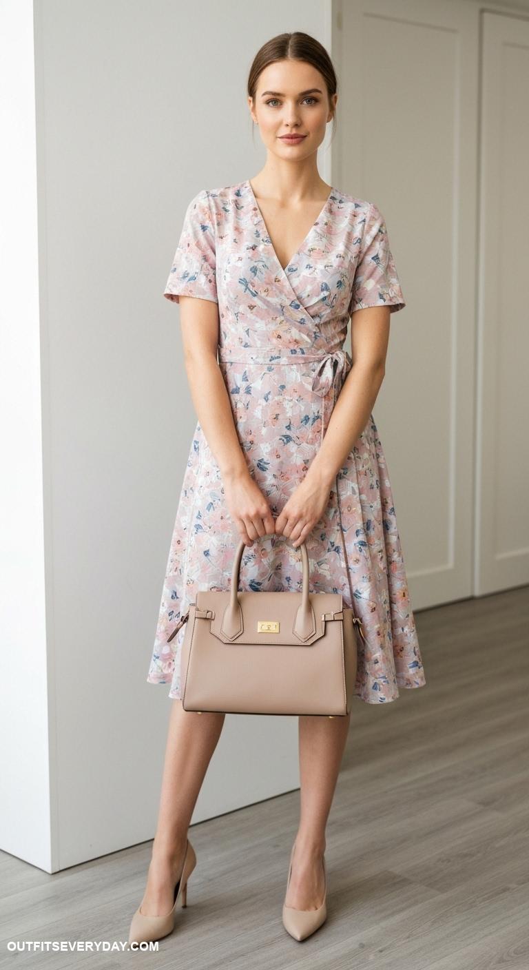 classy work outfits Wrap dress with kitten heels and a structured handbag