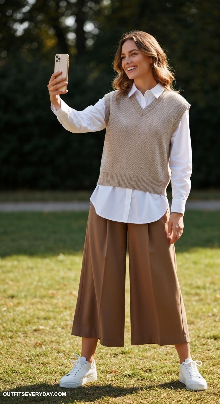 collared shirt outfit Layer a collared shirt under a sweater vest with wide leg culottes