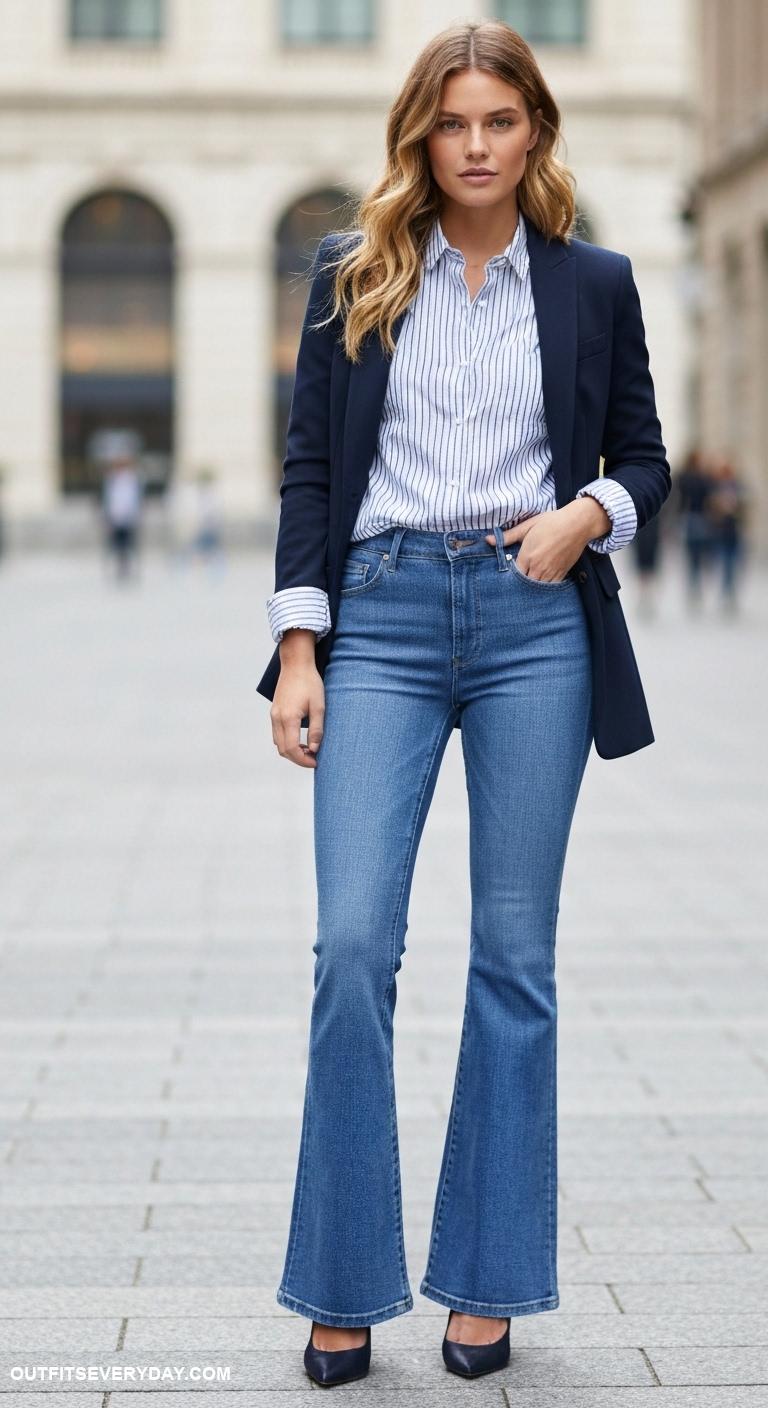 collared shirt outfit Layer a tailored blazer over a striped collared shirt and flared jeans
