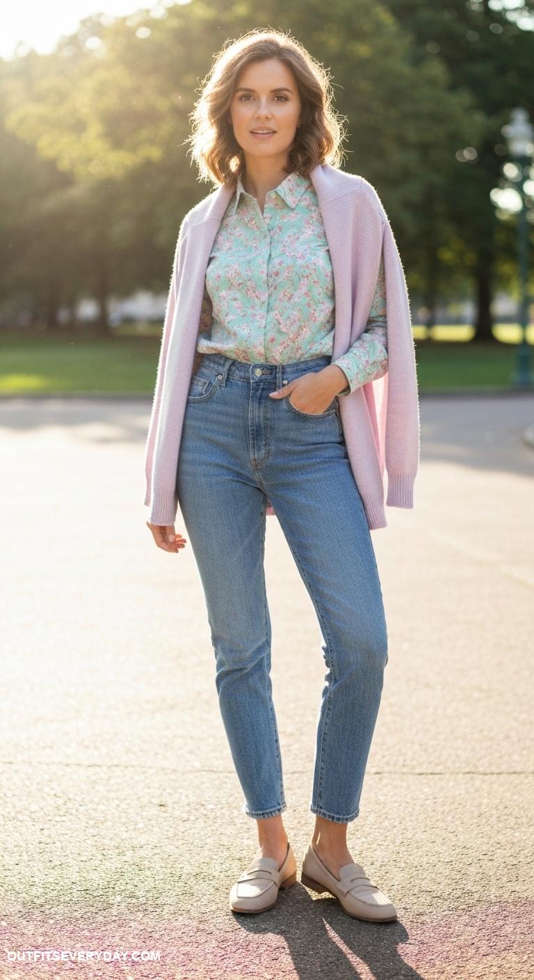 collared shirt outfit Match a printed collared shirt with a pastel oversized cardigan and loafers