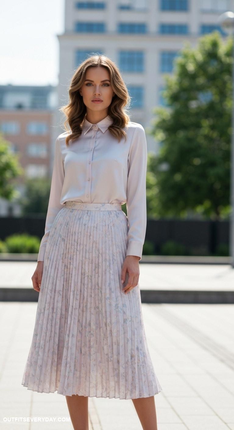 collared shirt outfit Opt for a silk collared shirt tucked into a pleated midi skirt